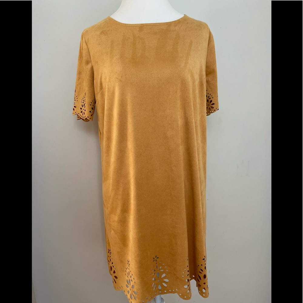 Love Fire Mustard/Yellow Shift Women Dress Laser Cut Accents, Large